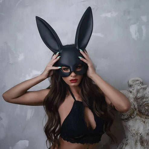 Skórzana maska z uszami królika - Czarny / Uniwersalny