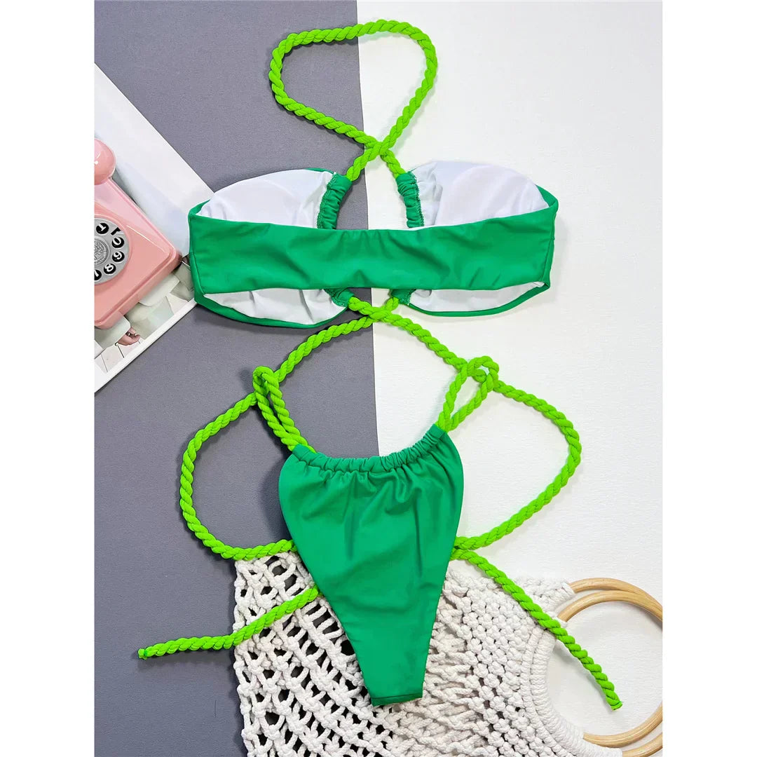 Dwuczęściowy strój kąpielowy z wiązaniami w stylu marynarskim