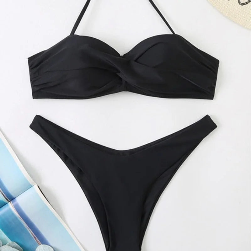 Czarny Dwuczęściowy strój kąpielowy bikini wiązany na szyi