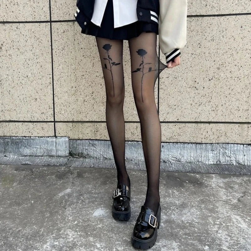 Czarny Rajstopy damskie z motywem róży