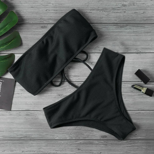 Dwuczęściowy strój kąpielowy bikini typu bandeau - Czarny / S