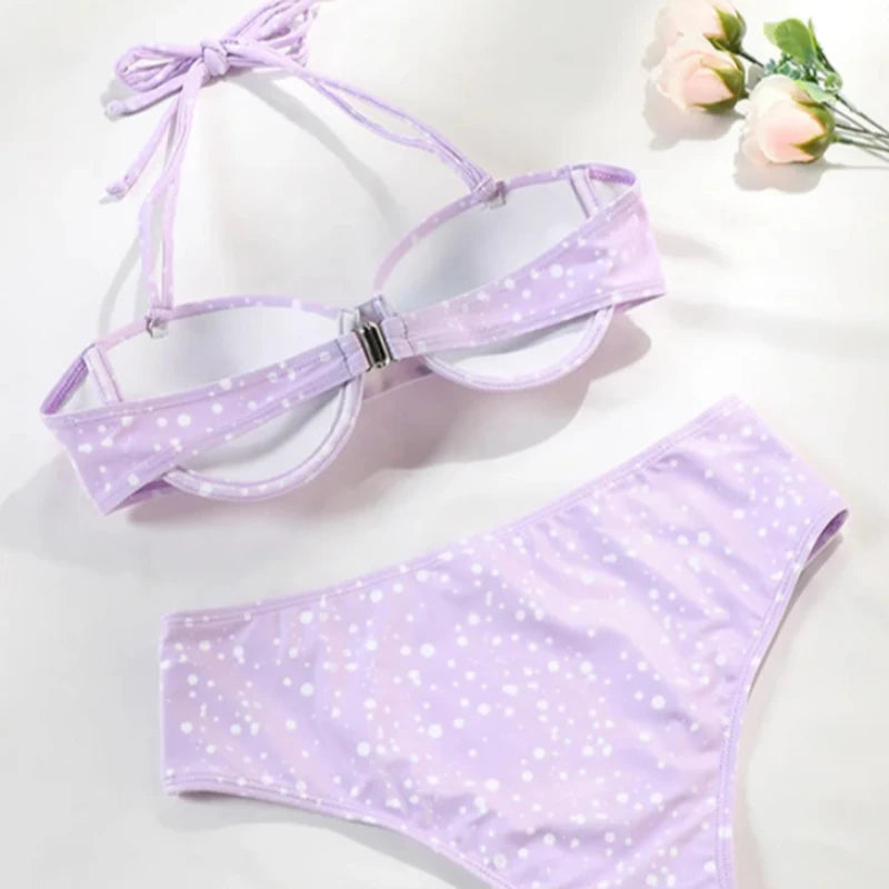 Dwuczęściowy strój kąpielowy bikini w kropki z wysokim stanem
