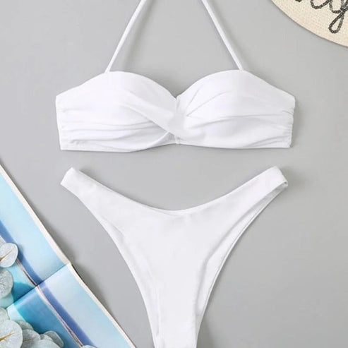 Dwuczęściowy strój kąpielowy bikini wiązany na szyi - Biały / S