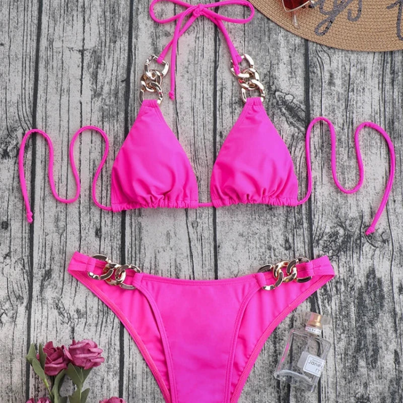 Dwuczęściowy strój kąpielowy bikini z łańcuszkiem