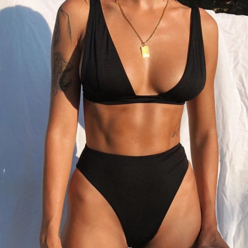 Dwuczęściowy strój kąpielowy bikini z szerokimi ramiączkami - Czarny / S