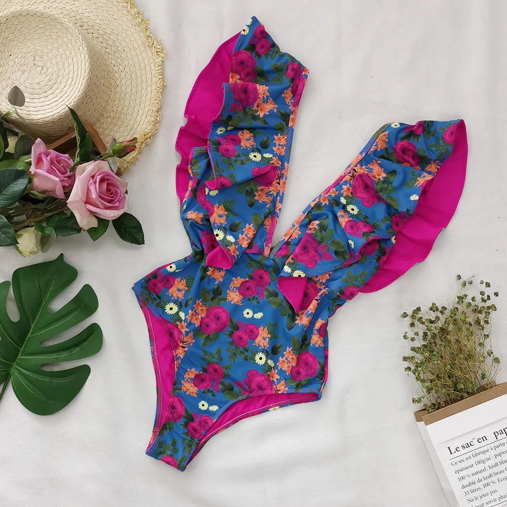 Jednoczęściowy strój kąpielowy w kwiaty z falbanami