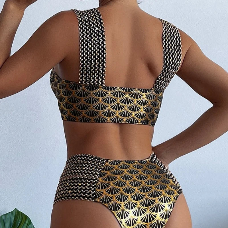 Metaliczny dwuczęściowy strój kąpielowy bikini z wysokim stanem