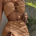 Teksturowany strój kąpielowy bikini ze spódnicą - Brązowy / S