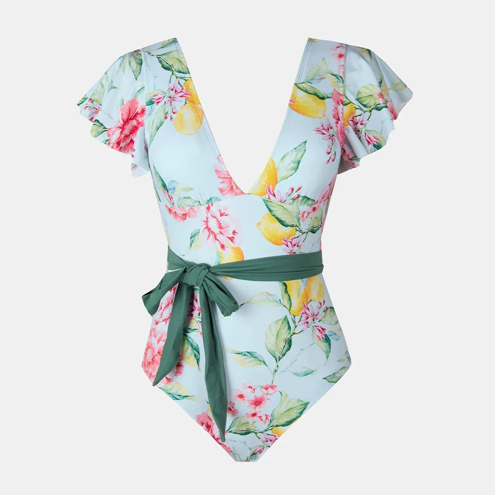 Jednoczęściowy strój kąpielowy z głębokim dekoltem w kształcie litery V