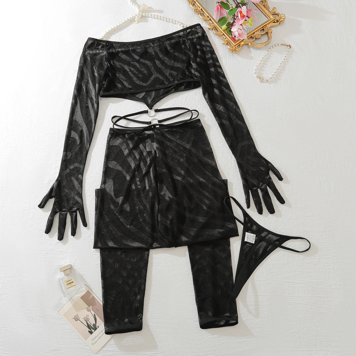 Komplet bielizny bodystocking z rękawiczkami