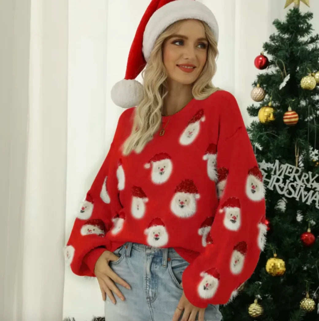 Świąteczny sweter z motywem Mikołajów