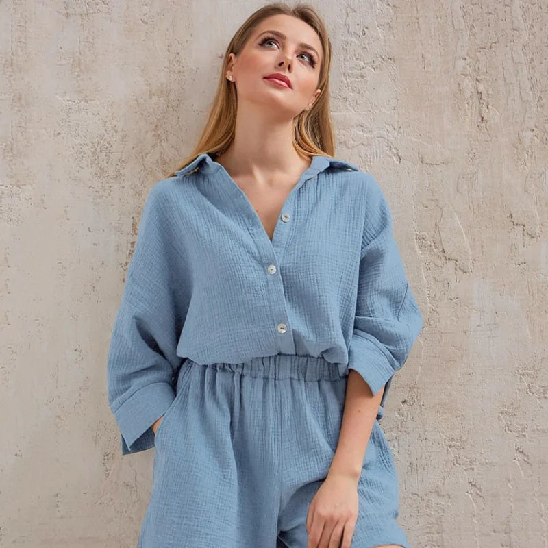 Bawełniana dwuczęściowa piżama damska - Niebieski / M