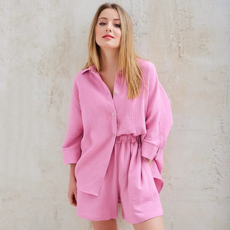 Bawełniana dwuczęściowa piżama damska - Różowy / S