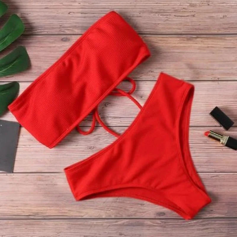 Czerwony Dwuczęściowy strój kąpielowy bikini typu bandeau