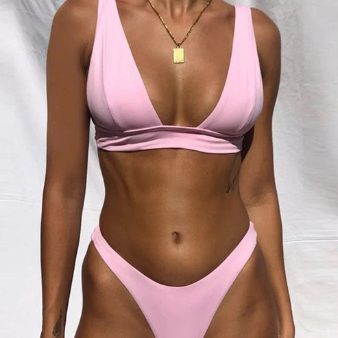 Dwuczęściowy strój kąpielowy bikini z szerokimi ramiączkami - Różowy / S