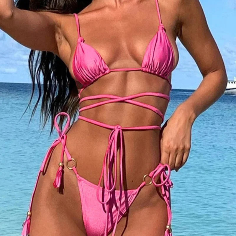Dwuczęściowy strój kąpielowy bikini z wiązaniem - Różowy / S