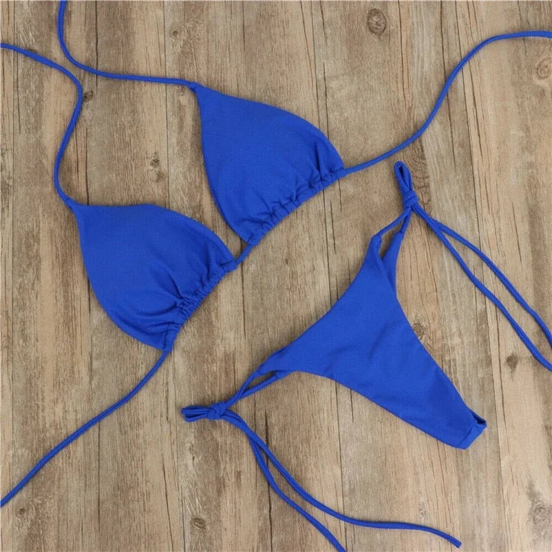Dwuczęściowy strój kąpielowy wiązany z trójkątnymi miseczkami - Niebieski / S