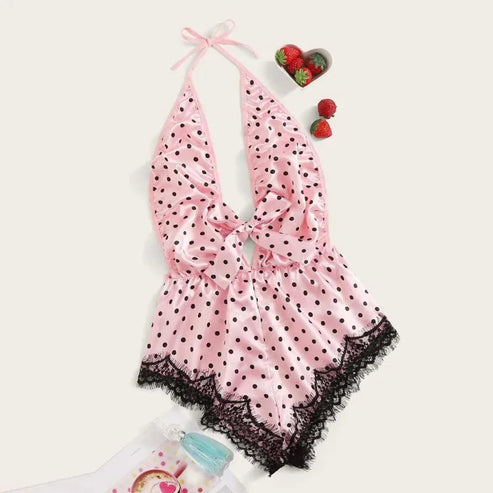 Jednoczęściowa piżama damska w kropki - Różowy / XS