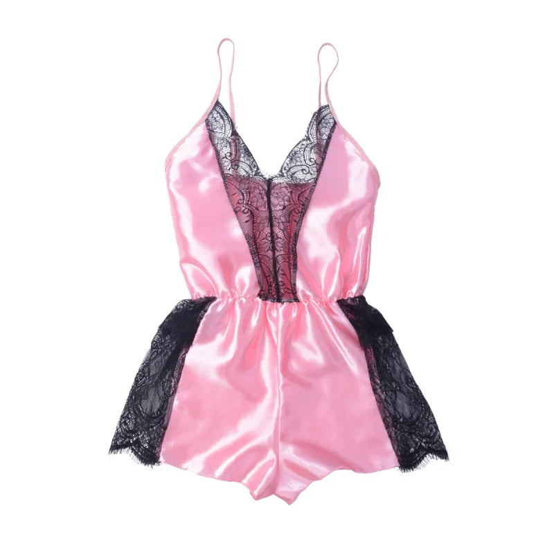 Jednoczęściowa piżama damska z koronkowymi wstawkami - Różowy / S