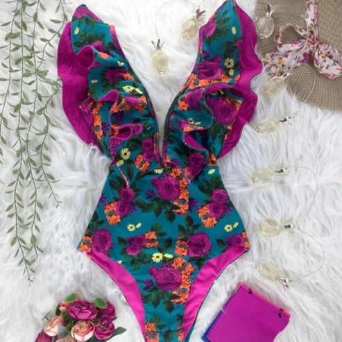 Jednoczęściowy strój kąpielowy w kwiaty z falbanami - Fioletowy / S