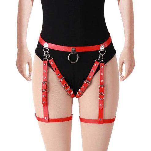 Kolorowy harness z paskami na udach - Czerwony / Uniwersalny