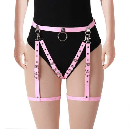 Kolorowy harness z paskami na udach - Różowy / Uniwersalny