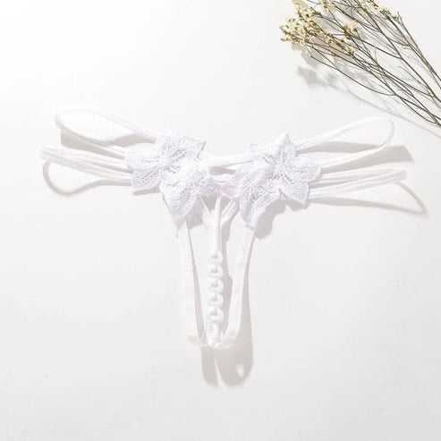 Koronkowe stringi z motywem kwiatów - Biały