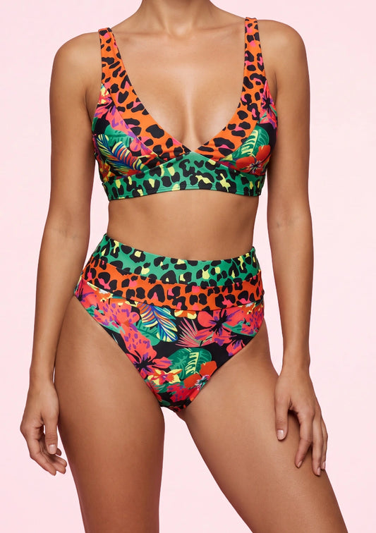 Dwuczęściowy strój kąpielowy bikini z wysokim stanem we wzory
