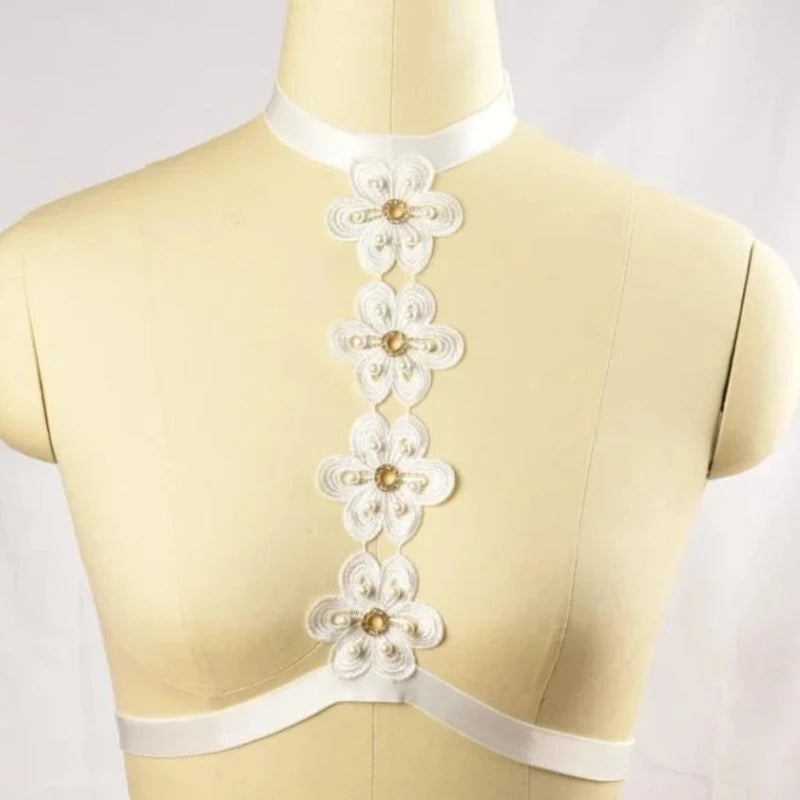 Ozdobny harness z kwiatami - Biały / Uniwersalny