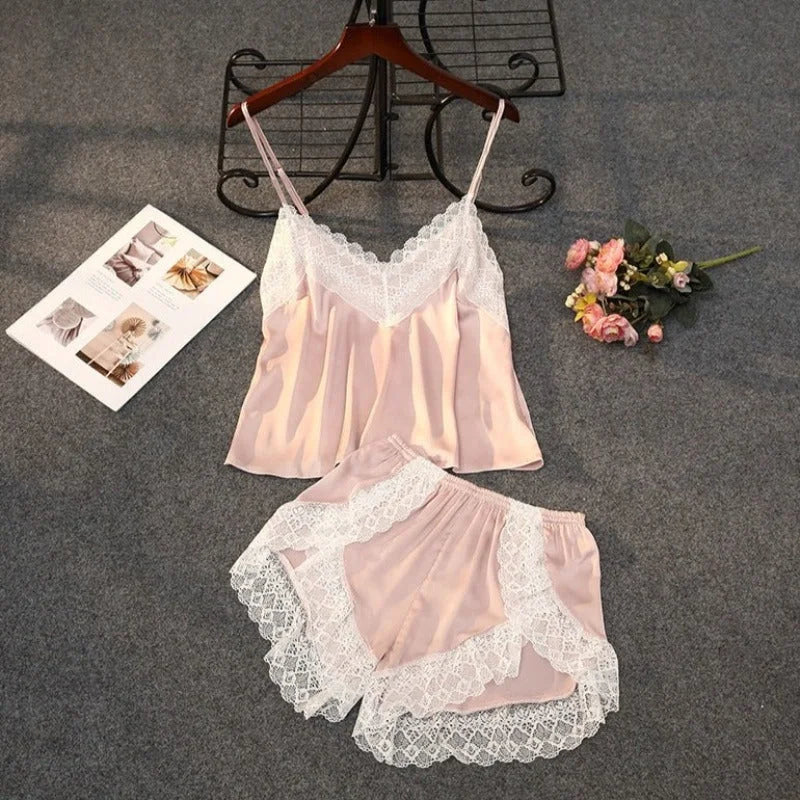 Satynowa piżama damska - Różowy / S