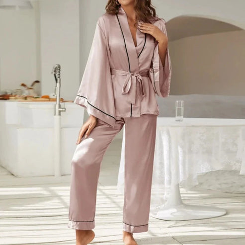 Satynowa piżama dwuczęściowa z szerokimi rękawami - Różowy / S