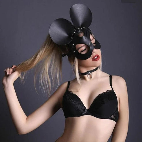 Skórzana maska z uszami myszki - Czarny / Uniwersalny