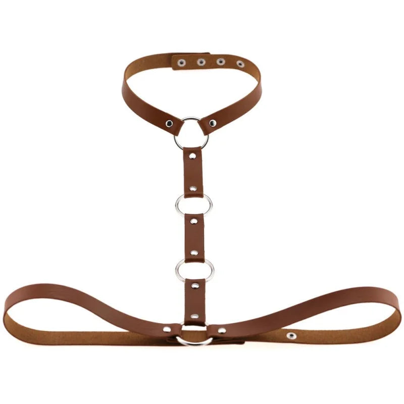 Skórzany harness do biustonosza - Brązowy / Uniwersalny