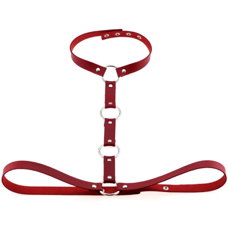 Skórzany harness do biustonosza - Czerwony / Uniwersalny