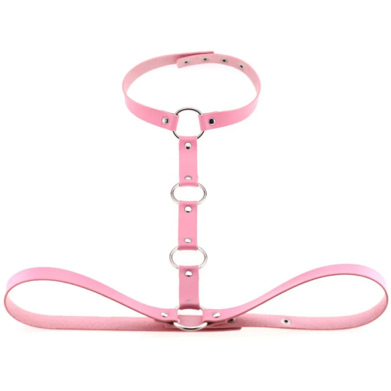 Skórzany harness do biustonosza - Różowy / Uniwersalny