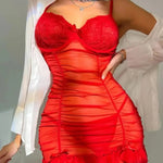 Transparentna zmysłowa sukienka z falbanką - Czerwony / S