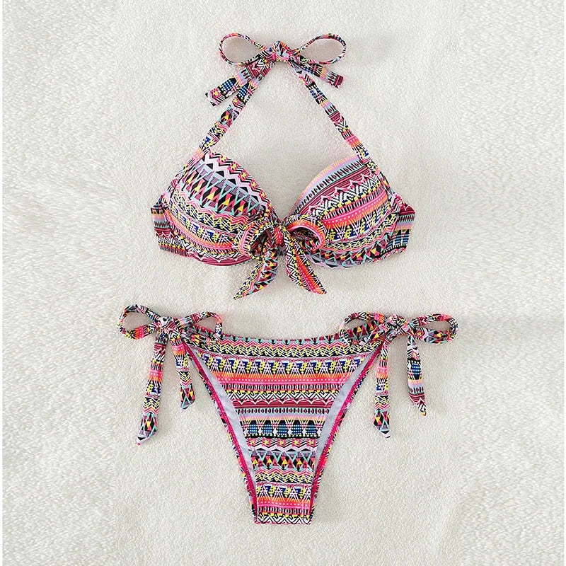 Wzorzysty dwuczęściowy strój kąpielowy bikini push up - Różowy / S